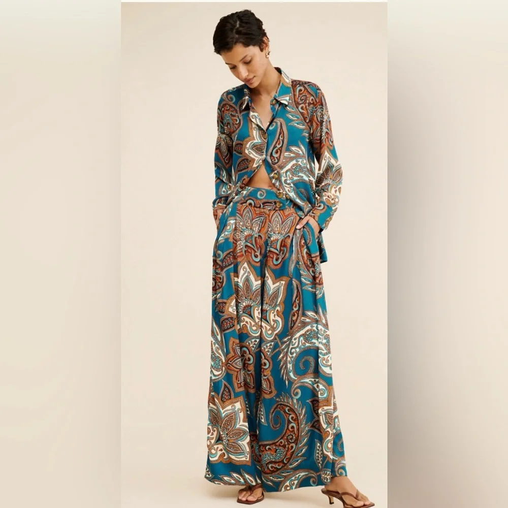 FARM Rio Teal & Brown Paisley Wide-Leg Palazzo Pants - Picture 4 of 13